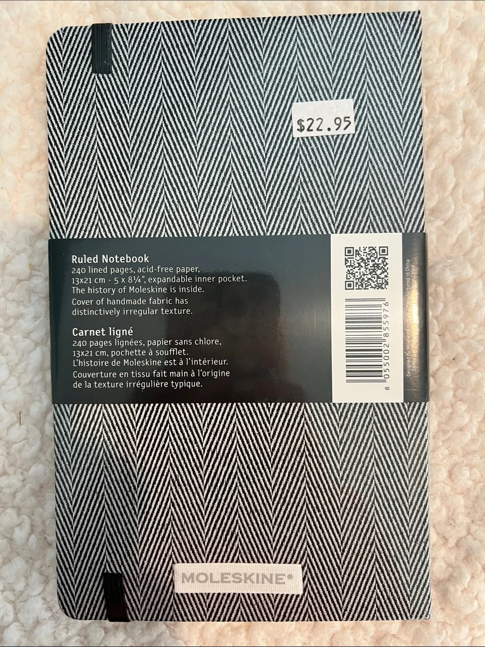Moleskine Black & White Herringbone Fabric Ruled Notebook.  5 x 8.25”